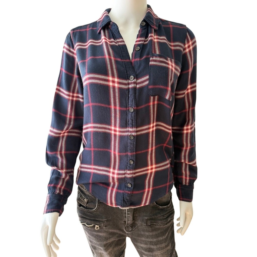 Abercrombie & Fitch Mens Navy‎ Blue Red Plaid Flannel Button Down Shirt Small